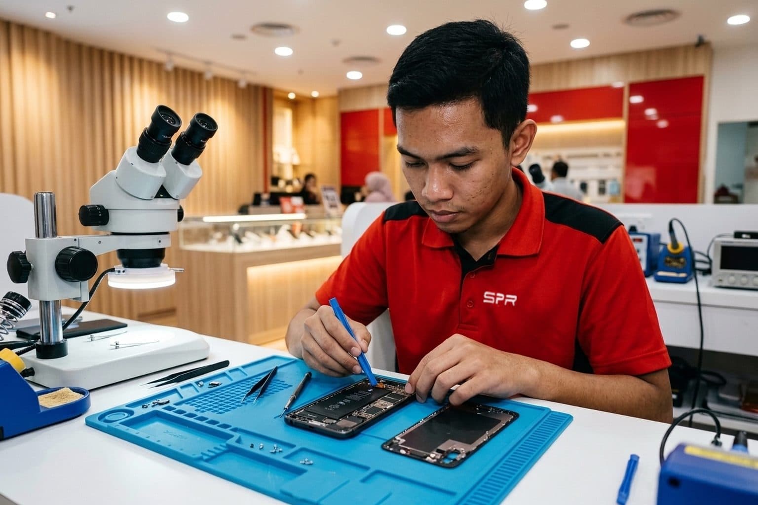 维修工作台上一部中端三星 Galaxy A 系列手机,掀开后盖露出三摄模组和内构,技师在蓝色防静电垫上用塑料撬棒检查,无 logo