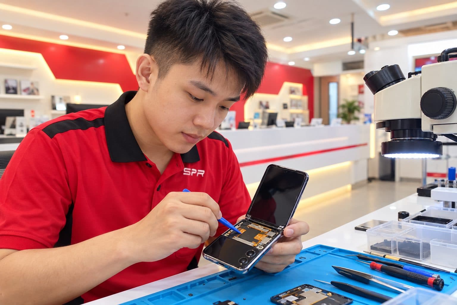 A Samsung Galaxy Z Flip-style clamshell foldable half-open on a repair bench, showing its tall inner folding screen and a small outer cover display, a technician inspecting the fold and flex cable with a spudger on a blue anti-static mat, no logos