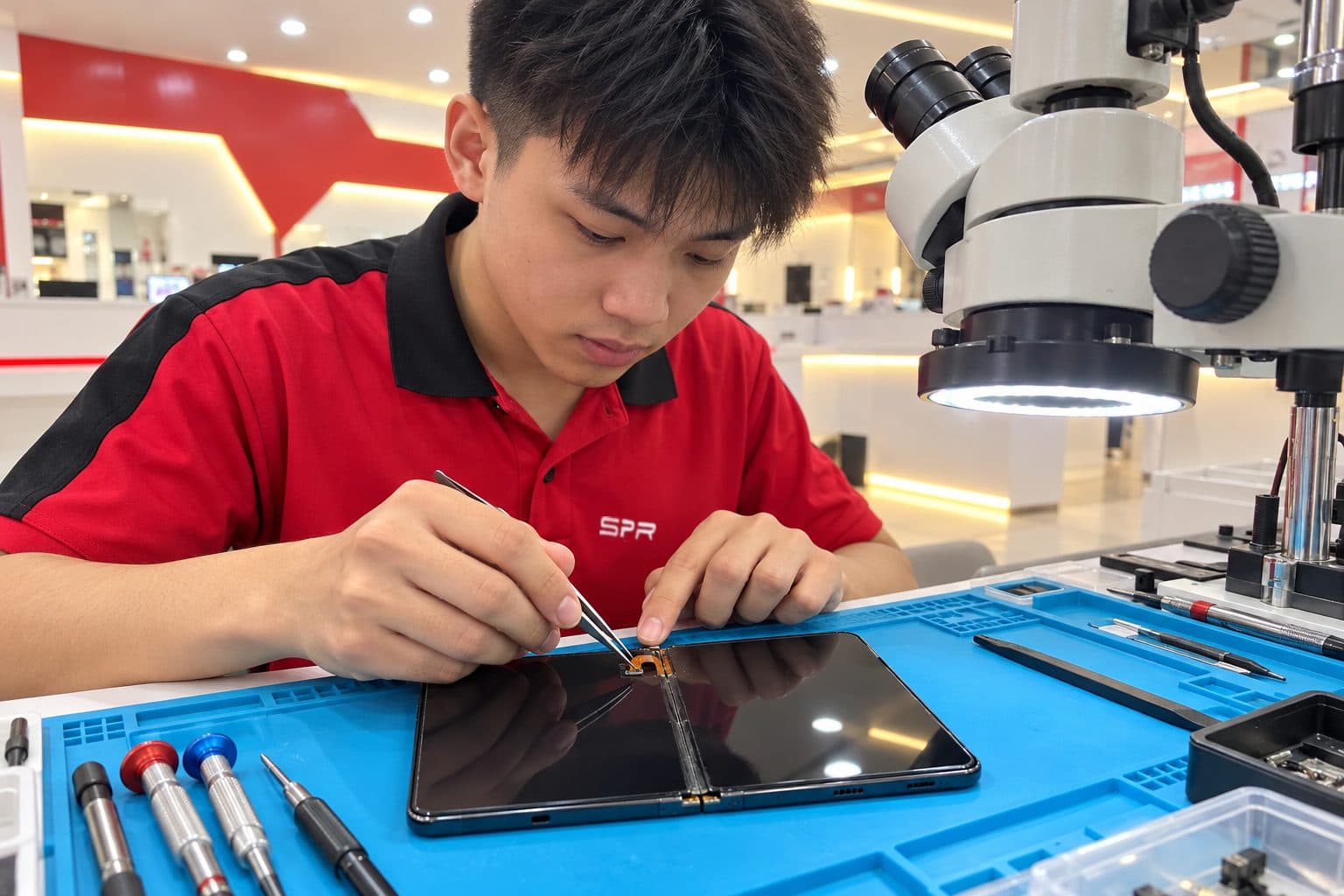 一部三星 Galaxy Z Fold 式折叠机摊平展开,露出大尺寸可弯曲内屏 AMOLED,技师在蓝色防静电垫上用精细镊子检查内屏折痕和穿过折叠边的柔性排线,无 logo