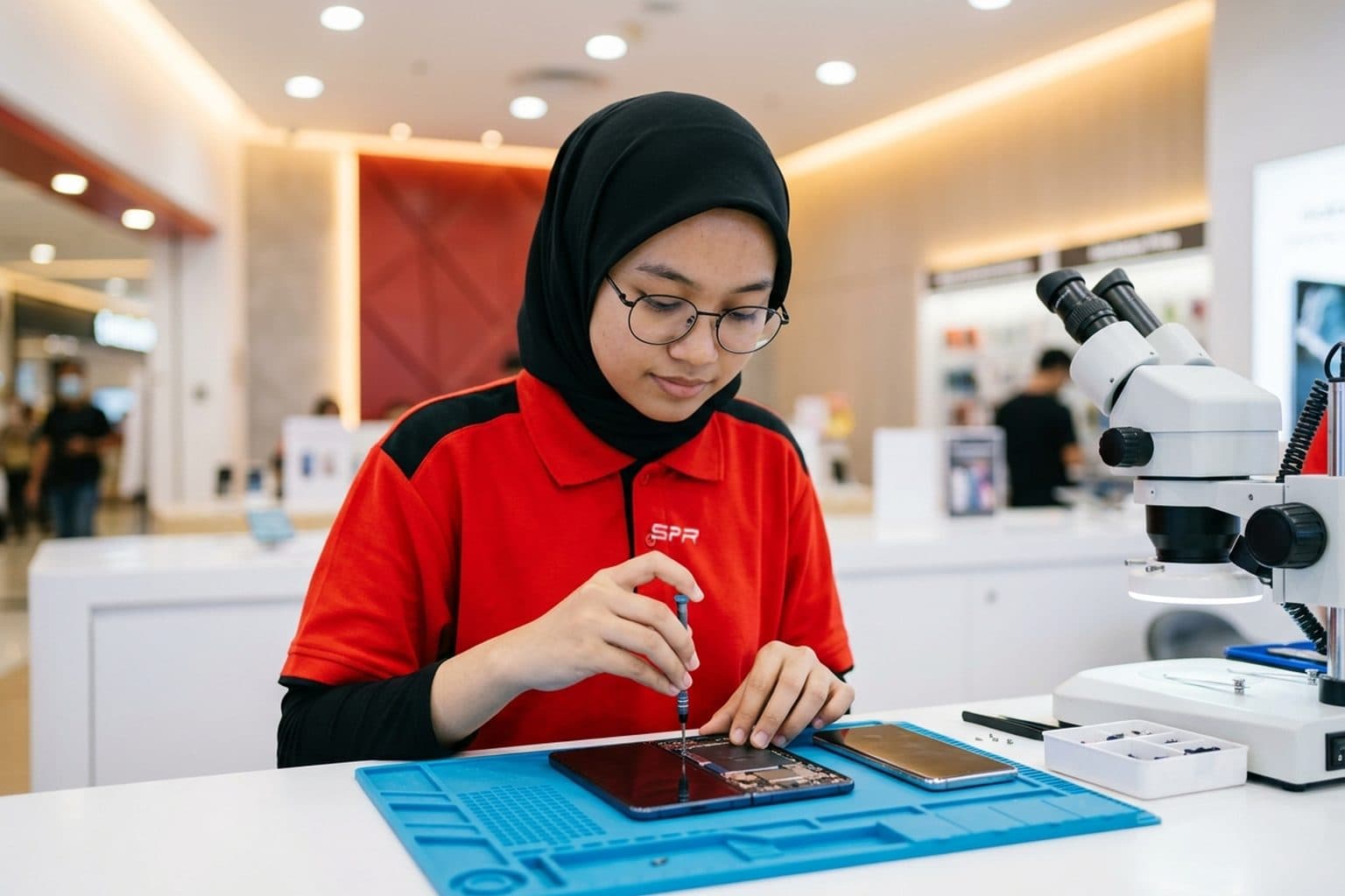 A Samsung Galaxy repair bench at a Malaysian phone-repair shop with a powered-on flagship slab phone beside a partly-opened book-fold foldable, a technician working with fine tools on a blue anti-static mat, no logos