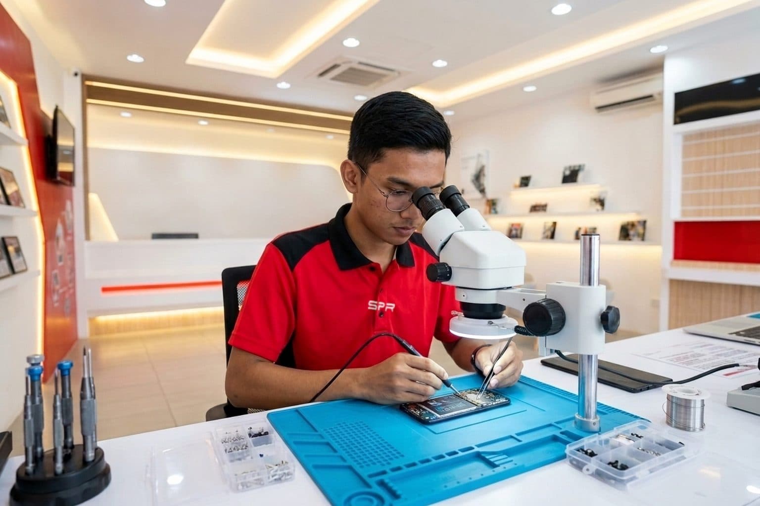 A Vivo-style Android phone disassembled on a repair bench with its USB-C charging port being reworked using a fine-tip soldering iron under a magnifier lamp on a blue anti-static mat, no logos