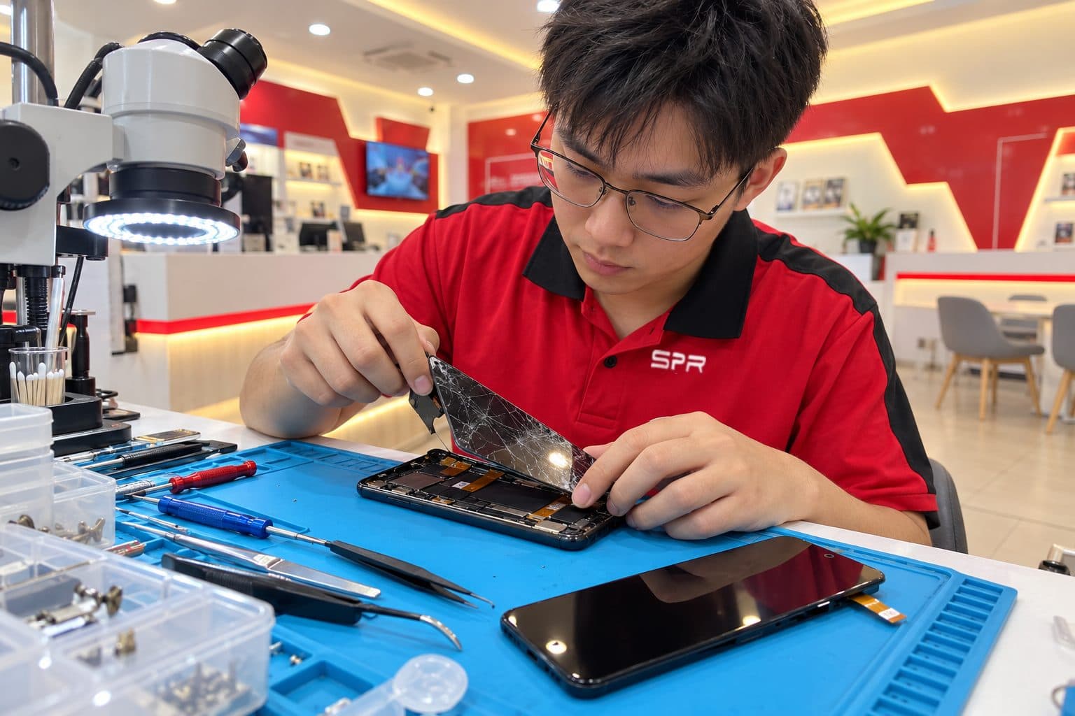 A Xiaomi/Redmi-style Android phone on a repair bench with its cracked front screen lifted off by a suction cup, a fresh replacement display lying beside it on a blue anti-static mat, no logos