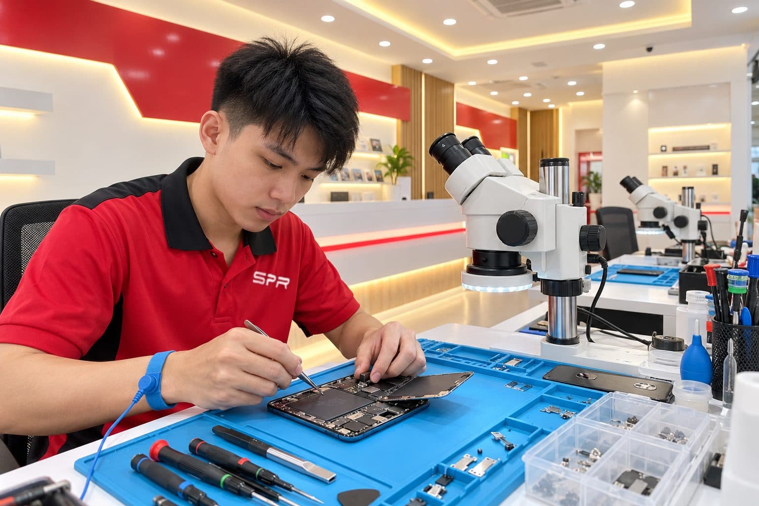 SPR technician repairing a phone at an anti-static bench with a stereo microscope